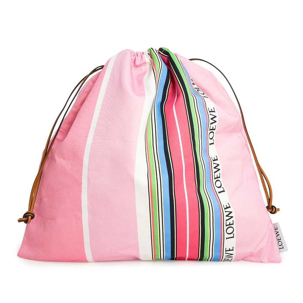 Loewe Drawstring Pouch Clutch Stripe Canvas Calfskin Leather Pink Multicolor